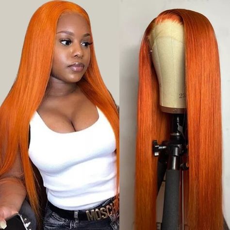 EN Ginger Orange Color Straight 13x4 Lace Front Human Hair Wig