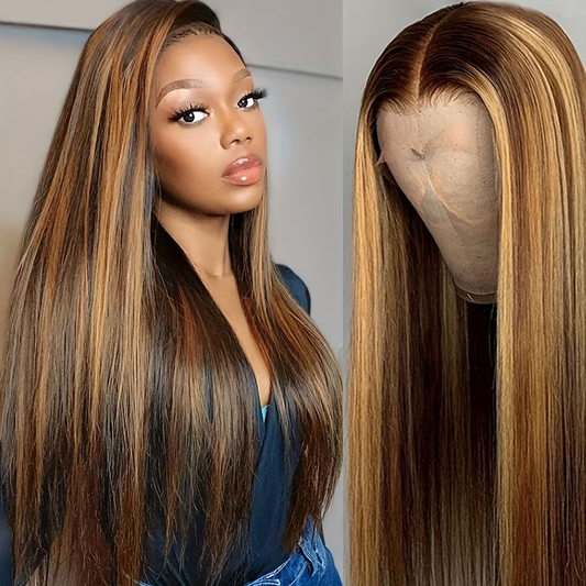 EN Balayage Highlight P4/27 Color 13x4 Lace Frontal Straight Human Hair Wig