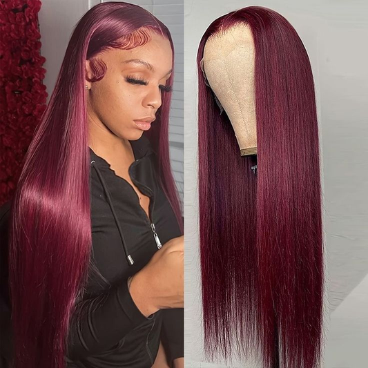 EN Straight Burgundy Color 99J 13x4 Lace Front Human Hair Wig